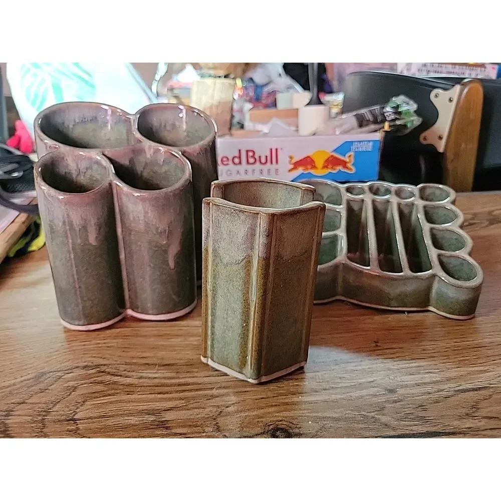 Bay Pottery Color Drip Glaze Vase Stationary Makeup Organizer Greenish Set Of 3